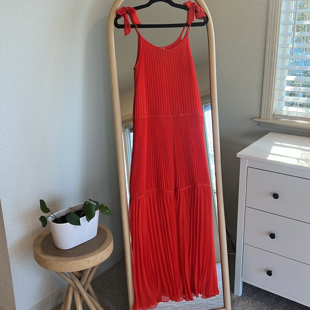 Red-Orange Pleated Maxi Dress